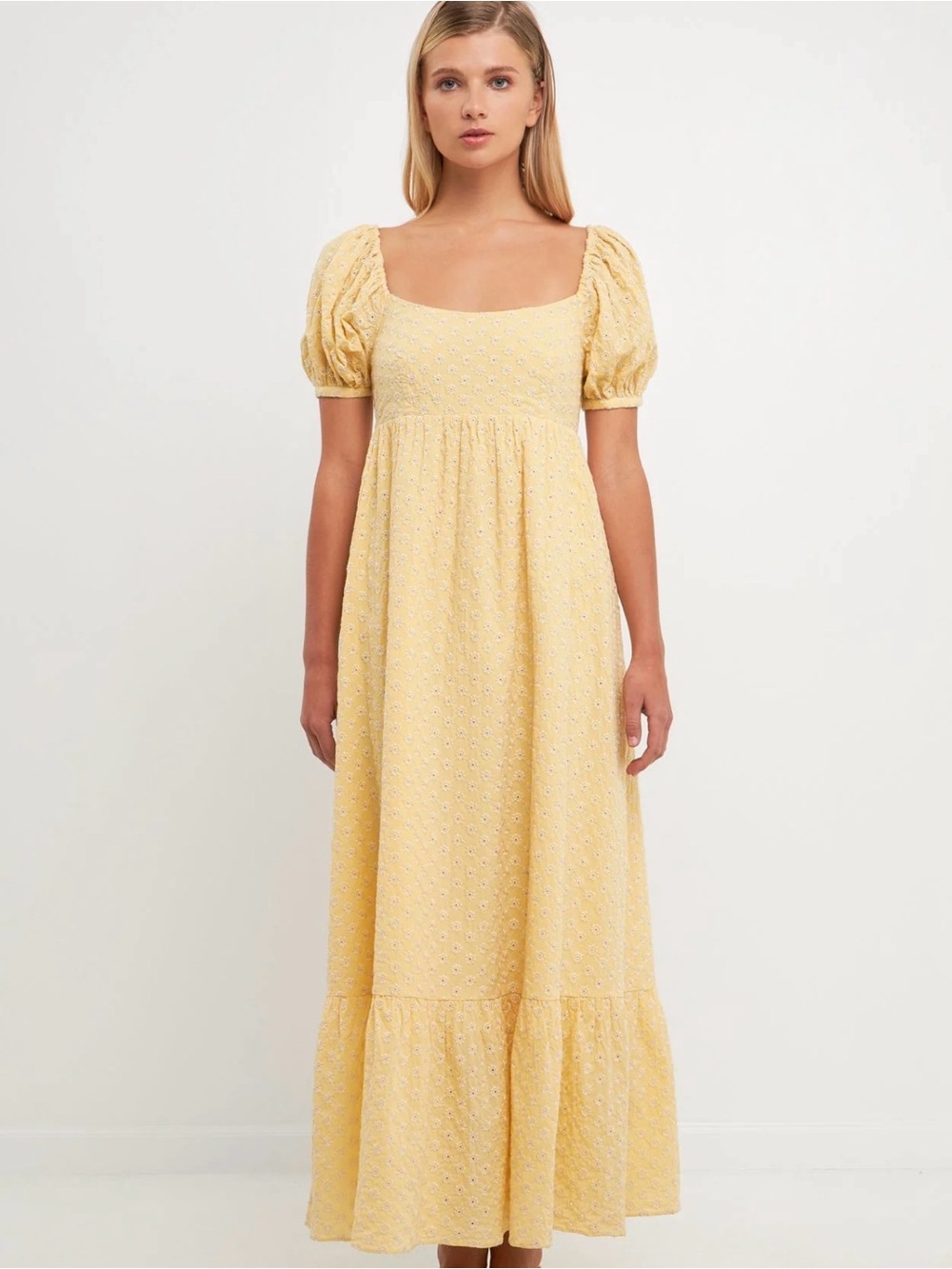 Free the Roses Pale Yellow Eyelet Puff Sleeve Maxi Dress